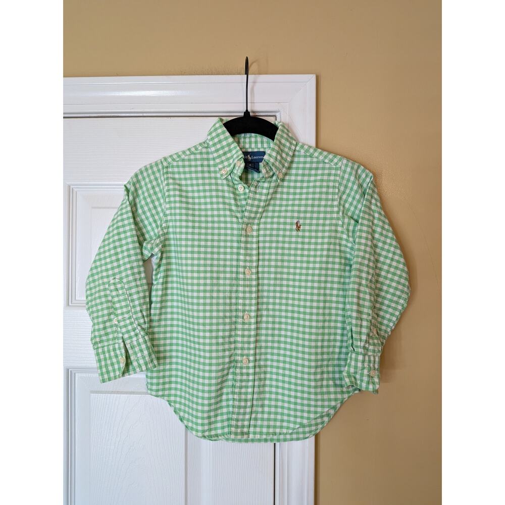 Ralph Lauren Boys Button Down Shirt Size 4 Green Gingham Pony Logo Long Sleeve